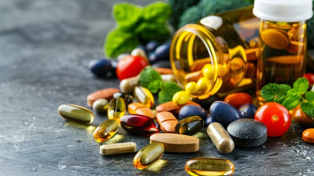 A vibrant arrangement of assorted nutritional supplements and vitamins that captures the essence of longevity and active living.