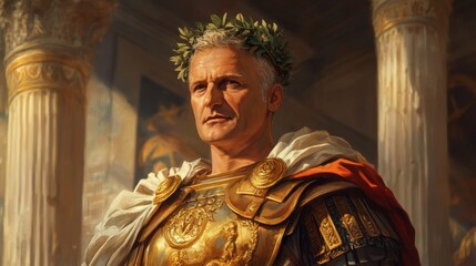A Majestic Portrait of Caesar Augustus: Roman Emperor in Golden Armor and Laurel Wreath