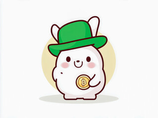 Fototapeta premium Cute white bunny wearing green hat holding bitcoin gold coin