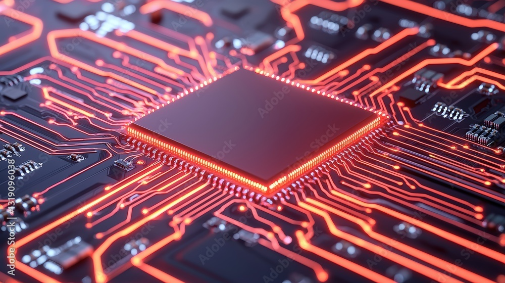 Poster a close-up view of a computer chip surrounded by intricate red circuitry, showcasing advanced techno
