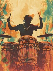 Energetic Drummer Silhouette Against Vibrant Tropical Background, Symbolizing Rhythm, Music, and Passion. Ideal for Music Festivals, Concert Posters, and Rhythm & Blues Promotions.