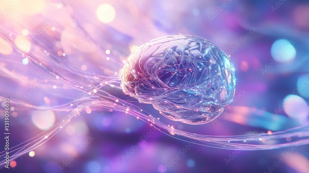 Poster ethereal metallic brain pulsating with light in sleek design