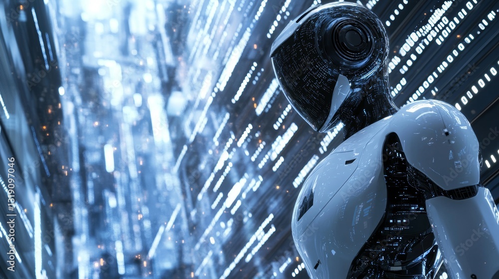 Poster sleek chrome robot with gleaming body in futuristic environment