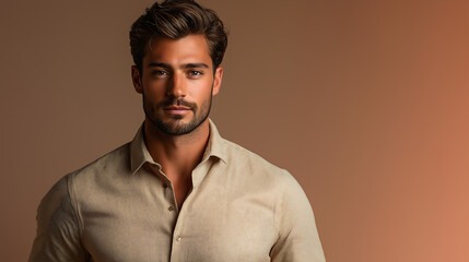 Fototapeta premium confident and handsome man against clean mocha mousse background, generative ai