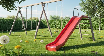 Fototapeta premium Playground with Slides and Swings on Lush Green Lawn with Flowers