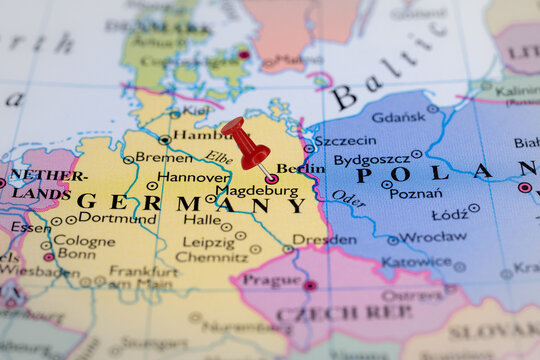 Colorful tourist location map with red stick pin at  Berlin, Germany, and the surrounding countries