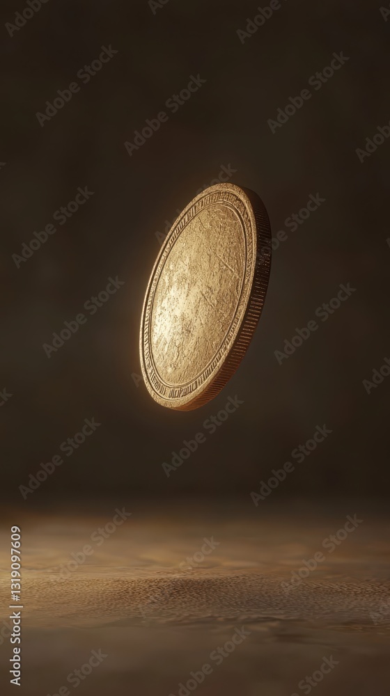 Poster golden coin floating in air with soft light and dark background