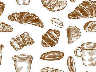 Seamless pattern with coffee, croissants, and coffee beans, engraving style, perfect for cafe and bakery