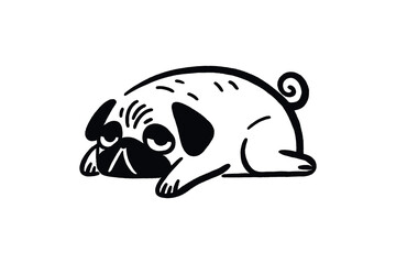Lazy pug lying down, hand-drawn black and white vector icon