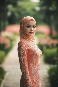 A malay lady wearing an orange modern baju kurung with lace.