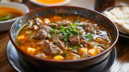 Savor the hearty combination of tender lamb and freshly soaked pita bread, highlighting the unique culinary traditions of Xian, China. A true gastronomic delight!