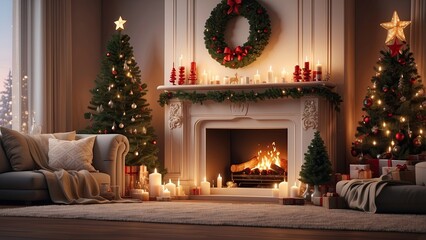 Cozy holiday living room featuring a brick fireplace with a warm fire,