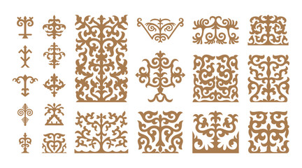 Vector set of geometric ornaments in Kazakh style. Traditional pattern for decoration of textile, household items. Elements of the national decor of the ancient nomads of the Kazakhs, Kyrgyz, Mongols