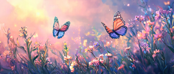Vibrant butterflies flutter over a blooming summer meadow, bathed in golden sunlight, bokeh. A dreamy, magical scene full of color, nature and warmth. Summer background. Generative ai