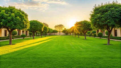 Obraz premium A serene landscape featuring lush green grass, evenly spaced trees, and a beautiful sunset, creating a peaceful and inviting atmosphere.