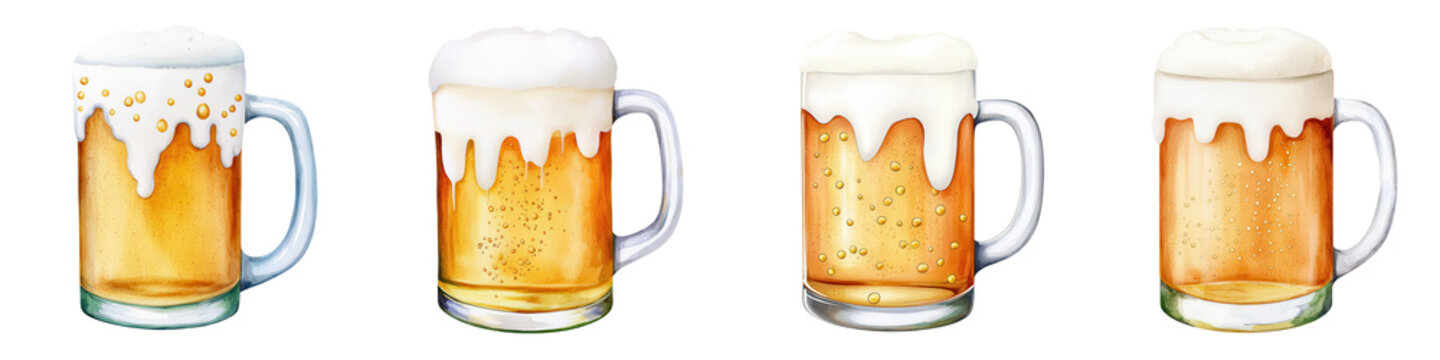 Four Glasses of Refreshing Cold Beer with Foam and Bubbles
