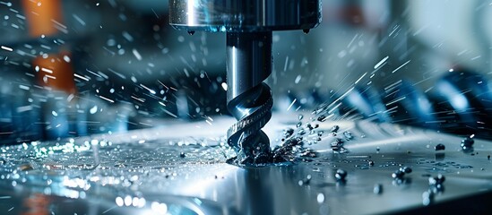 A detailed close-up of a drill bit boring into a piece of metal