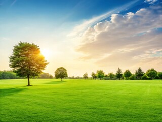 A serene landscape featuring lush green grass, scattered trees, and a bright sunset illuminating the sky with soft clouds.