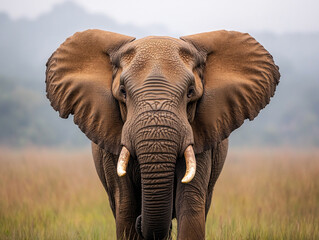 Naklejka premium Wildlife conservation concept. Majestic elephant standing in a lush grassland environment.