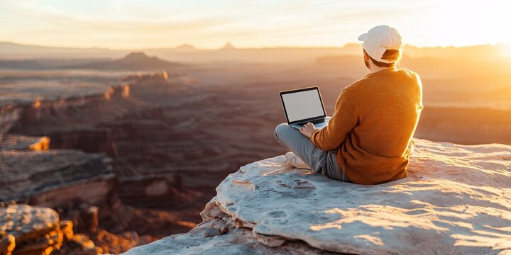 digital nomad, laptop in nature Concept. Person Working on Laptop in Scenic Nature Landscape