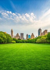 Fototapeta premium A vibrant city skyline contrasts with a lush green park under a bright sky, showcasing the harmony between urban life and nature.