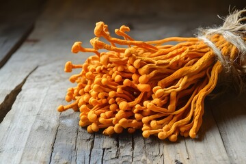 Cordyceps Mushrooms on Rustic Wooden Surface