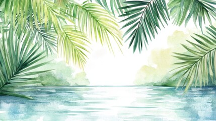 A serene jungle scene with lush green palm leaves framing a tranquil waterway, evoking a sense of peace and natural beauty.