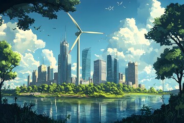 Sustainable City with Wind Turbine