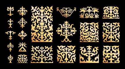 Vector set of golden ornaments in Kazakh style. Traditional pattern for decoration of textile, household items. Elements of the national decor of the ancient nomads of the Kazakhs, Kyrgyz, Mongols