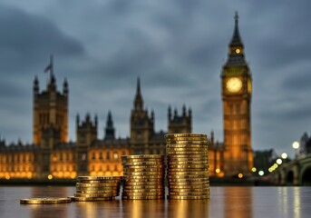 Fototapeta premium Golden Coin Stacks Before the Houses of Parliament, 35 key