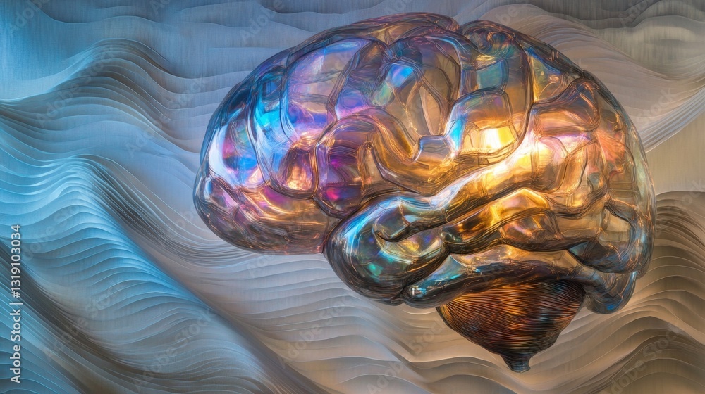 Poster vibrant iridescent brain pulsating with ethereal surface texture