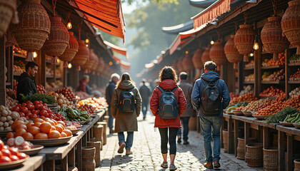 Naklejka premium Tourists exploring a traditional market with fresh produce