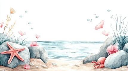 A serene beach scene featuring rocks, sea life, and gentle waves, creating a tranquil ocean atmosphere.