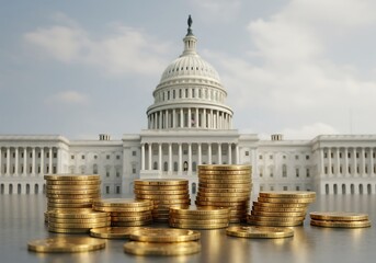 Obraz premium Gold Coins Stacked Before the US Capitol Building Symbolizing Government Funding