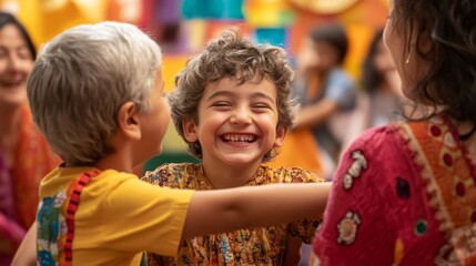 Obraz premium Joyful Children Embracing in a Colorful Mosaic of Laughter