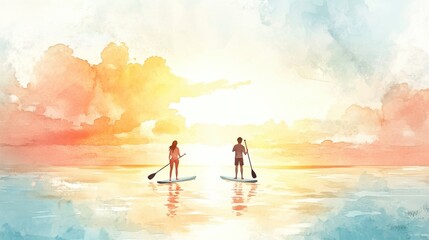 Fototapeta premium A serene watercolor scene depicting two individuals paddleboarding at sunset, surrounded by soft clouds and vibrant colors reflecting on the water.