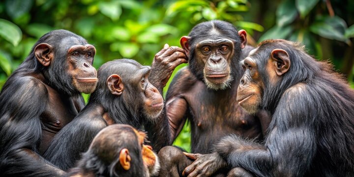 A group of chimpanzees sits together in a lush green environment, engaging in a thoughtful discussion, showcasing their complex social interactions and intricate communication.