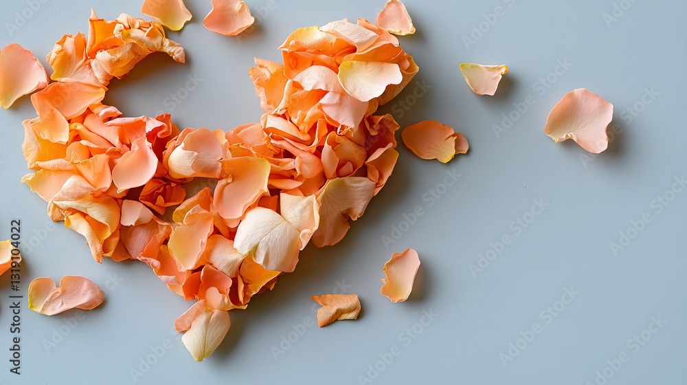Poster scattered rose petals in the shape of a heart with an empty space in the center .