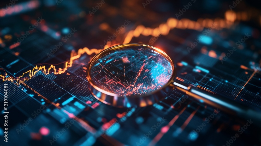 Poster vibrant data tableau featuring charts and graphs with magnifying glass