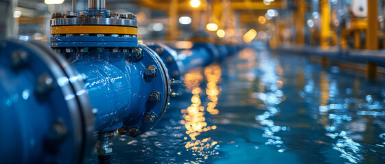 Industrial water pipeline with blue pipes and reflections in water