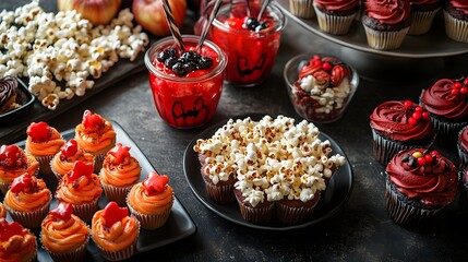 Halloween party table with a spread of themed treats including cupcakes candy apples and popcorn