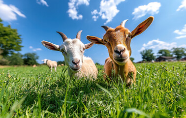 Obraz premium Friendly goats grazing in lush green pasture under bright blue sky