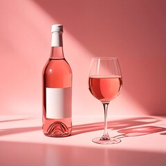 A glass of rose wine and its bottle sitting on a table.