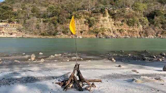 Rishikesh, Uttarakhand, India View of Ganga river embankment, Lakshman Jhula bridge and Tera Manzil Temple, Trimbakeshwar in Rishikesh
