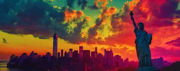 Fototapeta premium The Statue of Liberty and skyline stand under colorful evening sky