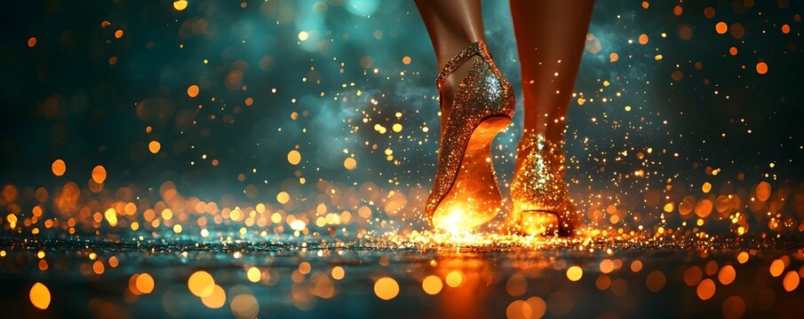 Graceful Tap Dancer Caught Mid Performance on Dimly Lit Stage with Glowing Sparks