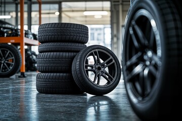 Automotive tire shop displaying new tires and rims for sale offering premium quality vehicle wheels tire options for optimal performance road safety and car maintenance services