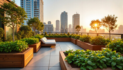Stylish rooftop terrace garden featuring modern outdoor lounge area surrounded by thriving edible plants at sunset, harmonious city-nature blend.