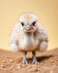 Fototapeta premium baby ostrich doll digs into the ground for hidden insects, fluffy pet.