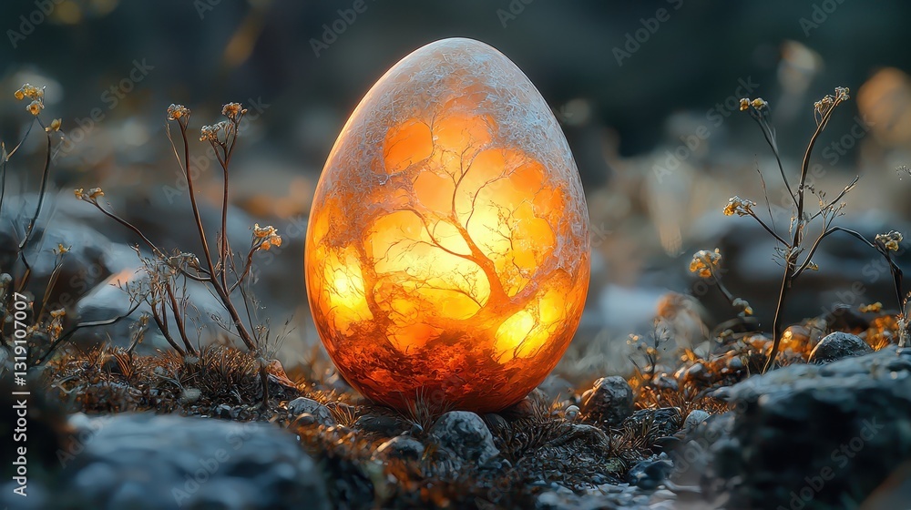Poster illuminated egg with tree design in a natural setting surrounded by flowers